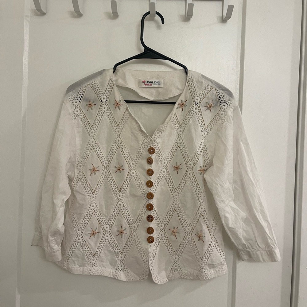 Vintage Cottagecore Gauzy White Embroidered Button-Front Blouse